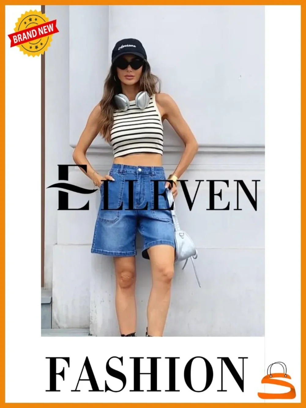 Stretchy Denim Bermuda Shorts with Elastic Waist and Pockets